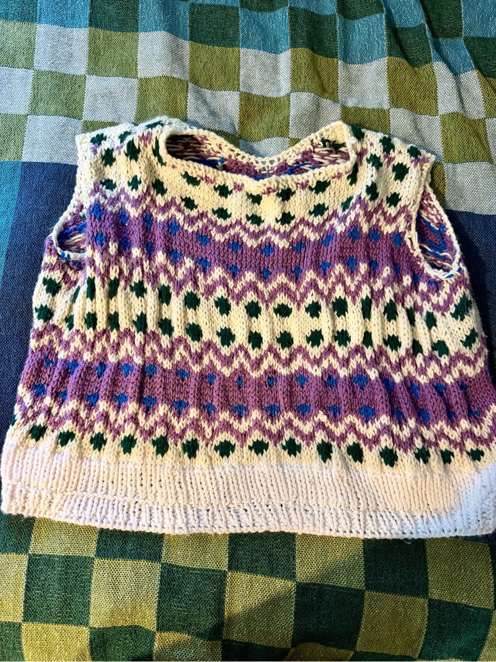 Cream & Purple Patterned Hand Knit Sleeveless Sweater - Women